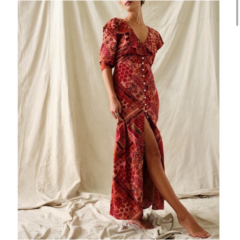 Free People Lennon Printed Split Button Front Maxi Dress Primrose Red Combo